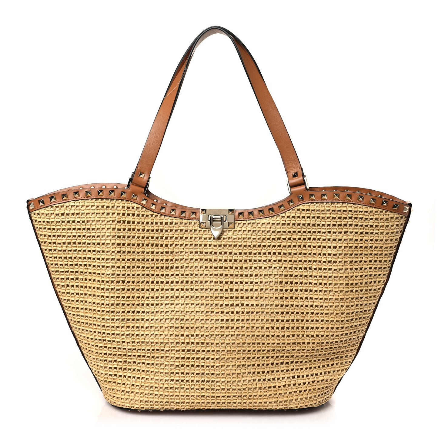 Synthetic Raffia Calfskin Rockstud Garden Tote Bag Natural Almond