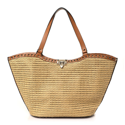Valentino Garavani Synthetic Raffia Calfskin Rockstud Garden Tote Bag Natural Almond 1 of 9