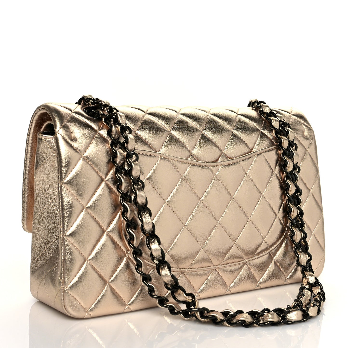 Metallic Lambskin Quilted Medium Double Flap Gold Black