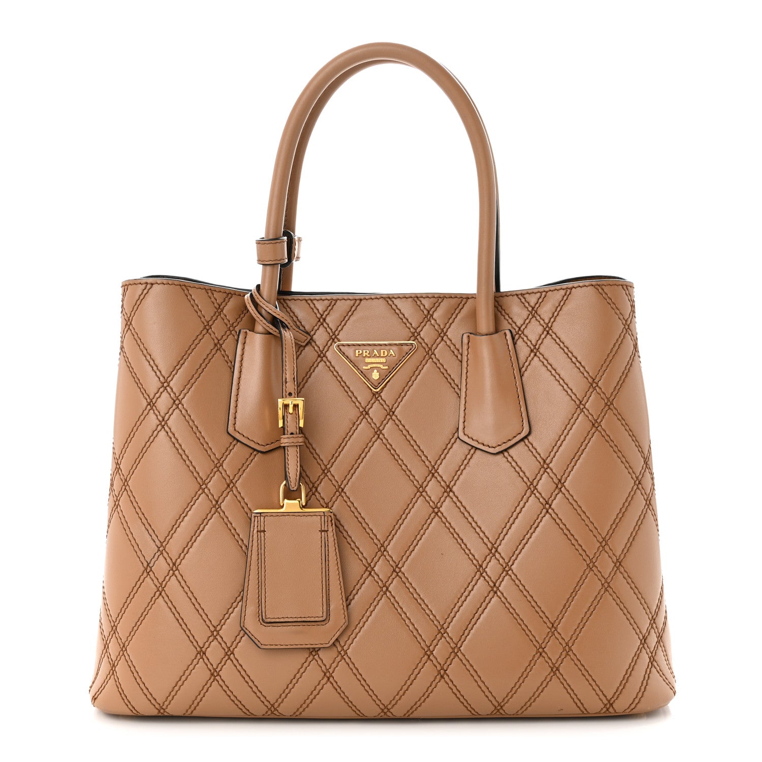 Prada City Calfskin Diamond Stitched Medium Double Bag Caramel 1 of 13