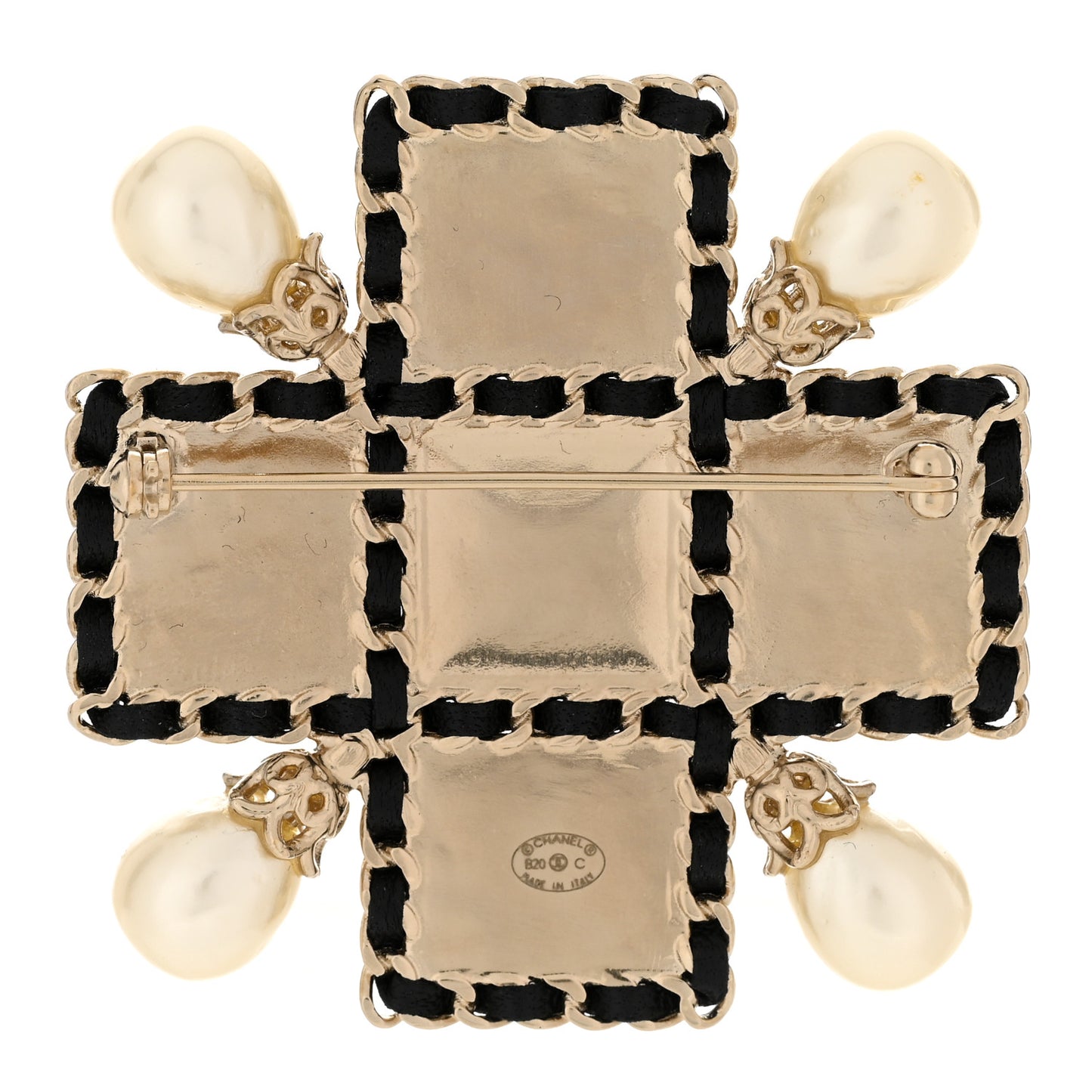 Pearl Lambskin Resin Maltese Cross Brooch Pendant Gold Black White