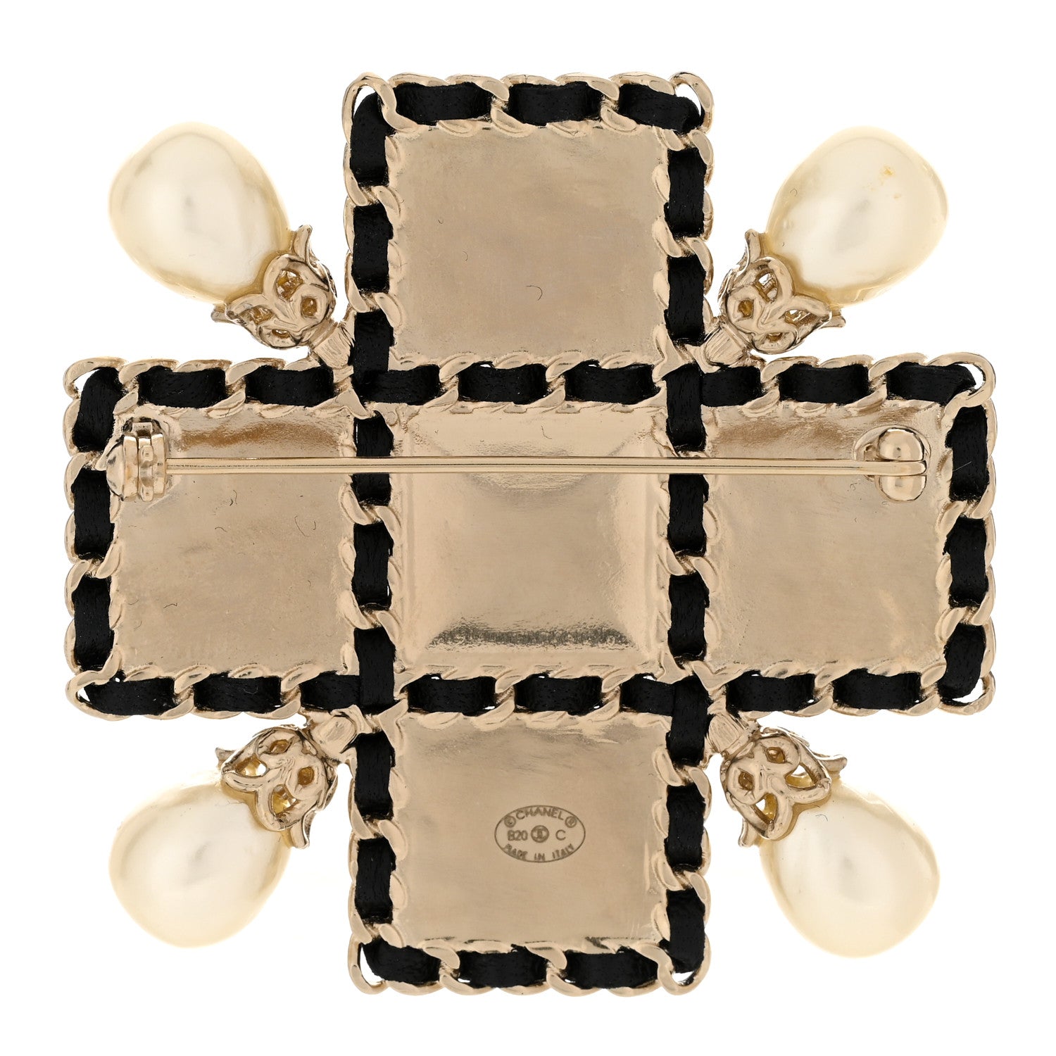 Chanel Pearl Lambskin Resin Maltese Cross Brooch Pendant Gold Black White 3 of 5