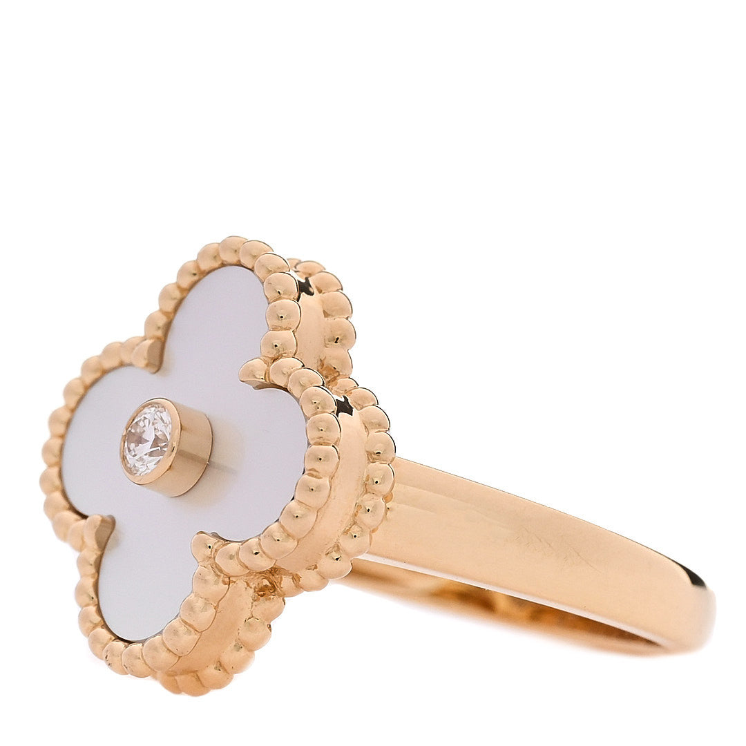 Van Cleef & Arpels 18K Yellow Gold Diamond Mother of Pearl Vintage Alhambra Ring 47 4.25 3 of 5