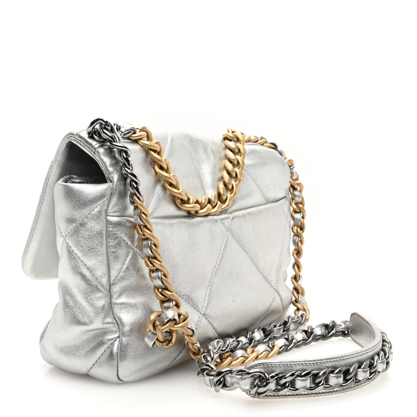 Metallic Lambskin Quilted Medium Chanel 19 Flap Silver