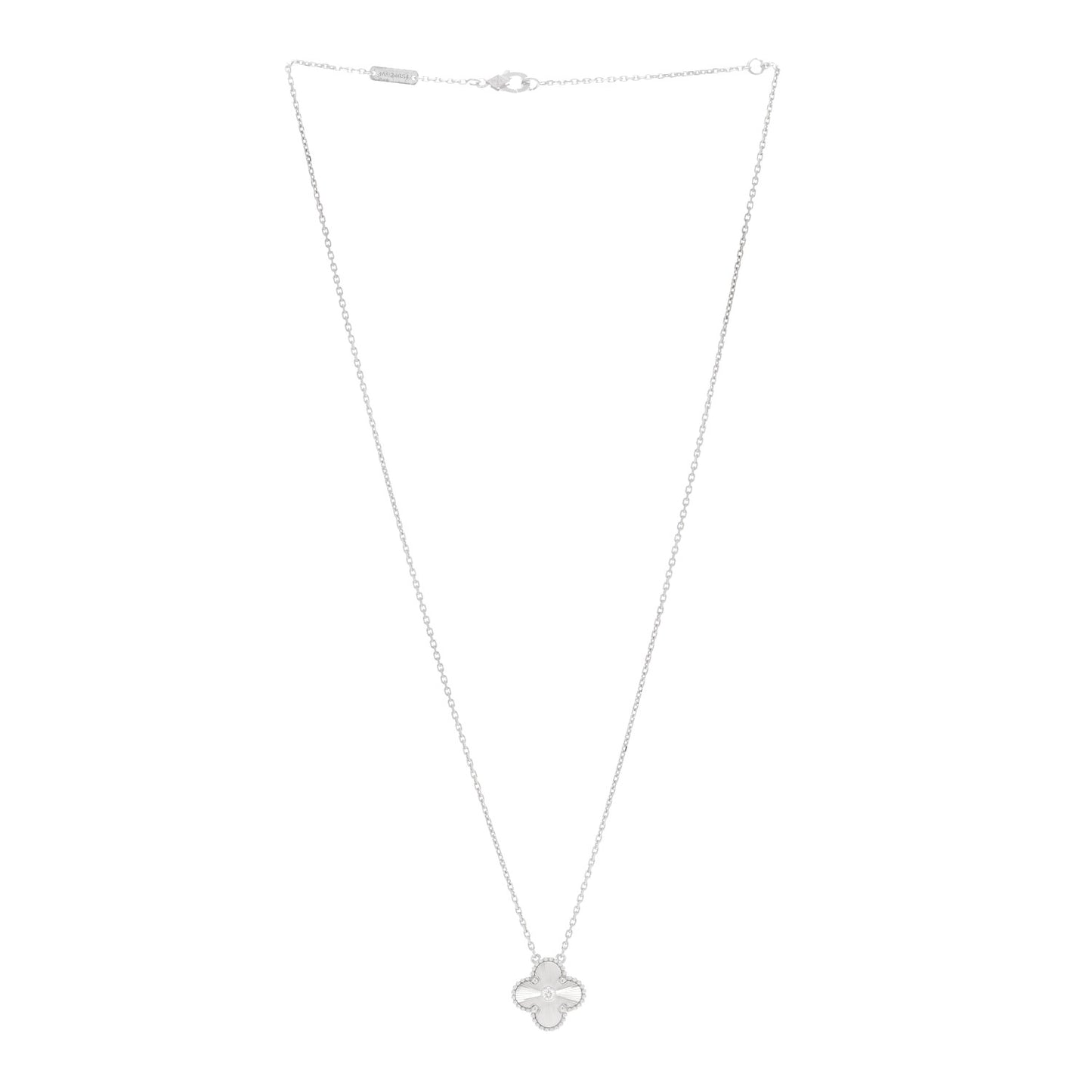 18K White Gold Diamond Guilloche Vintage Alhambra Pendant Necklace