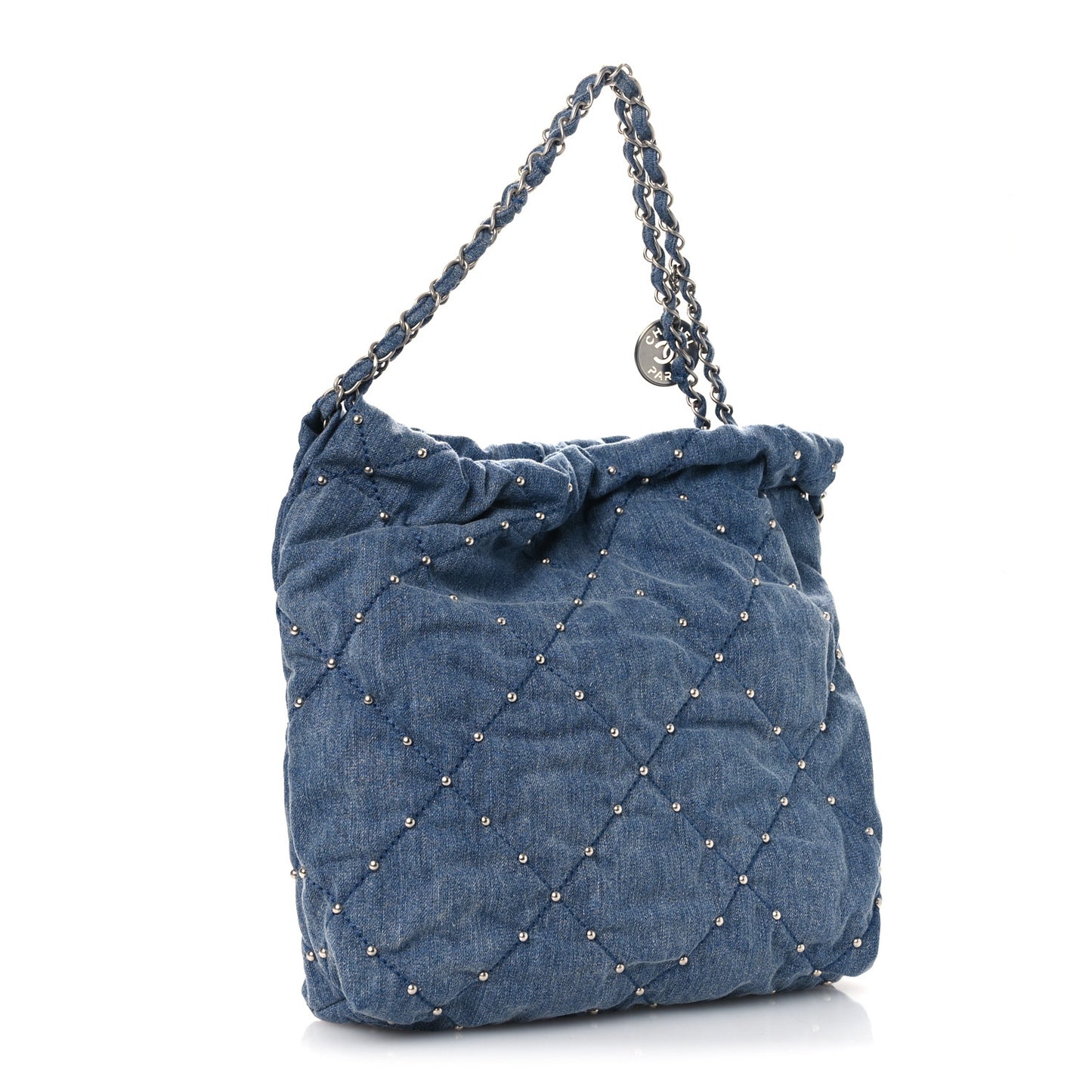 Washed Denim Quilted Studded Small Chanel 22 Blue
