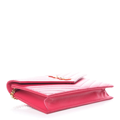 Saint Laurent Grain De Poudre Matelasse Chevron Monogram Envelope Chain Wallet Fresh Fuchsia 4 of 15