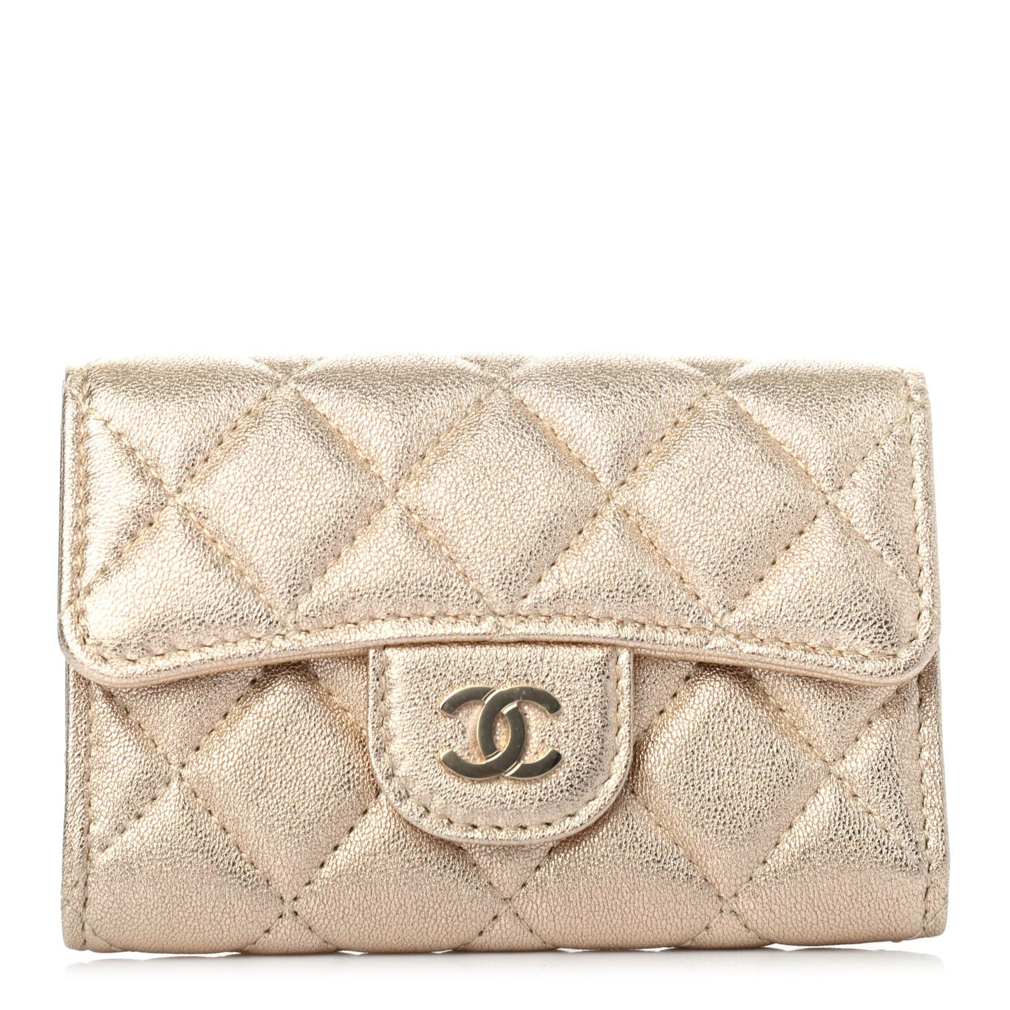 Metallic Lambskin Quilted Flap Card Holder Wallet Gold