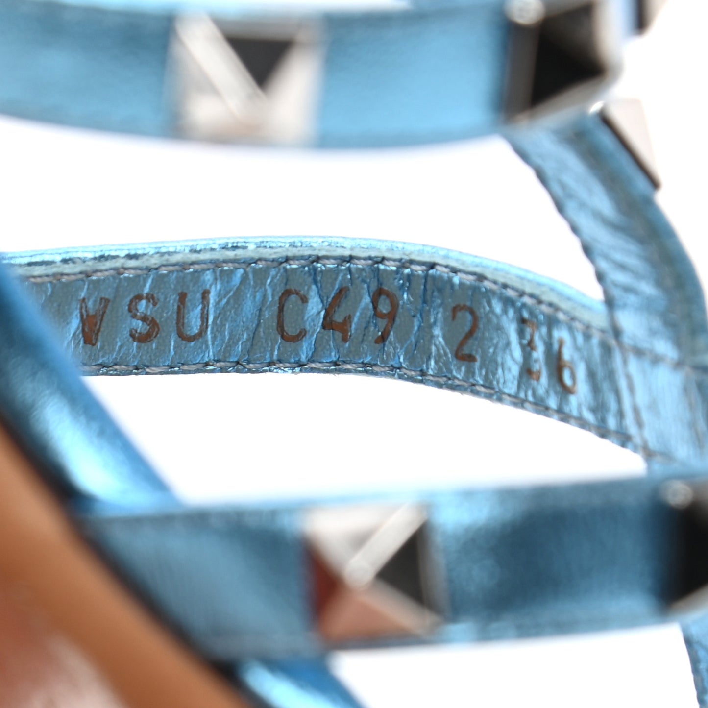 Metallic Calfskin Rockstud Caged Flat Slide Sandals 36 Cerulean