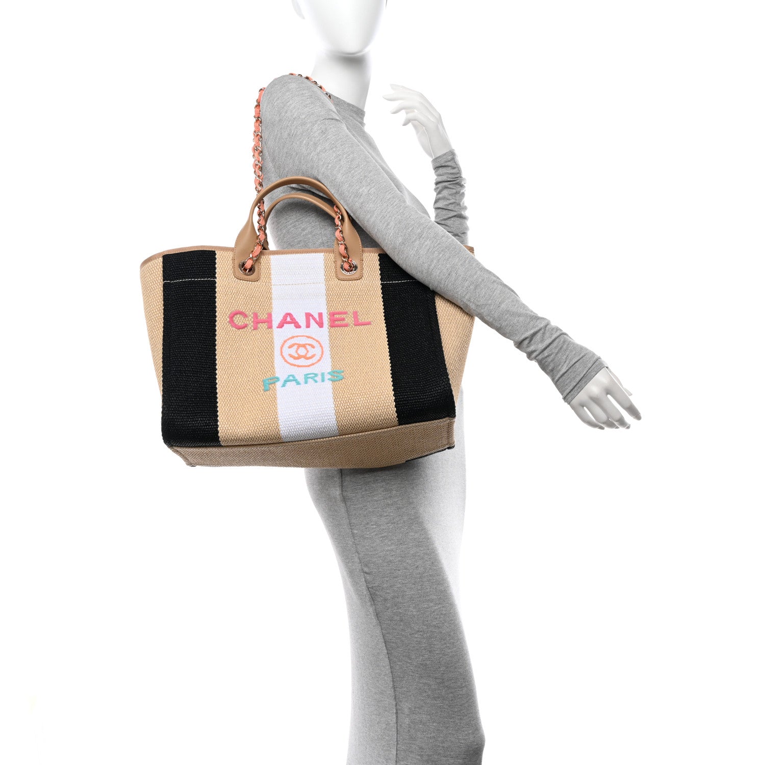 Chanel Straw Raffia Calfskin Striped Medium Deauville Tote Black Beige Ivory 2 of 15