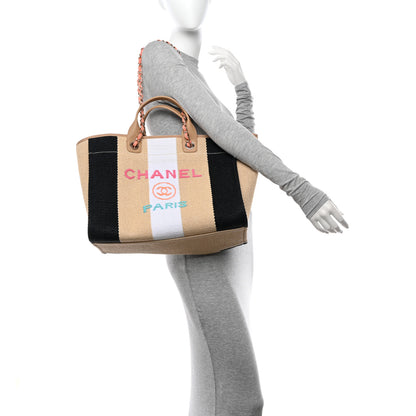 Chanel Straw Raffia Calfskin Striped Medium Deauville Tote Black Beige Ivory 2 of 15