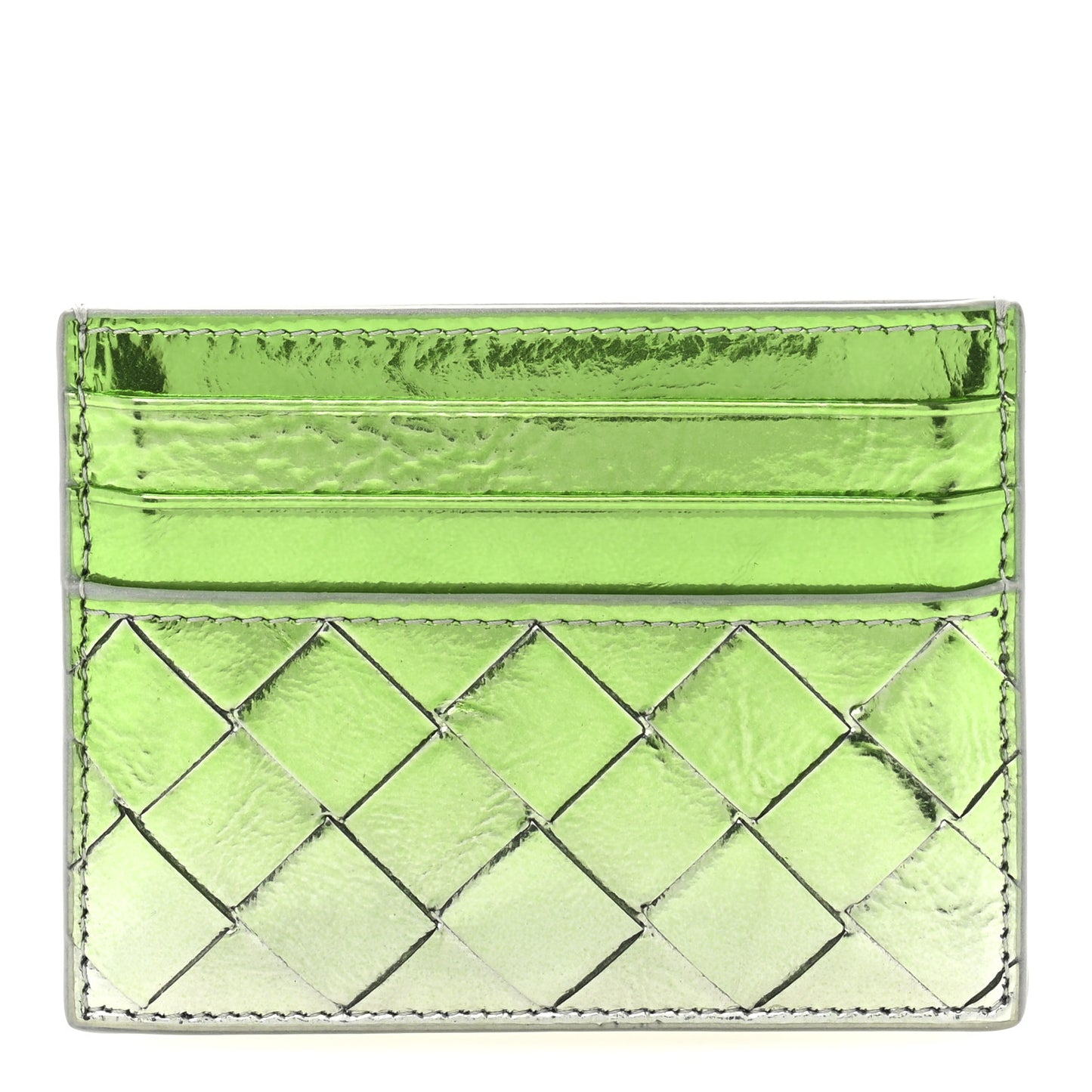 Metallic Laminated Goatskin Degrade Intrecciato Credit Card Case Silver Fresh Mint