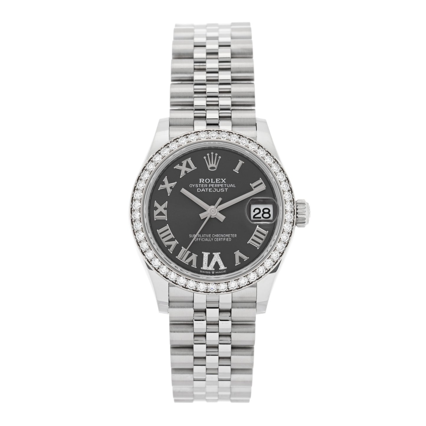 Stainless Steel 18K White Gold Diamond 31mm Oyster Perpetual Datejust Watch Dark Grey Roman 278384RBR