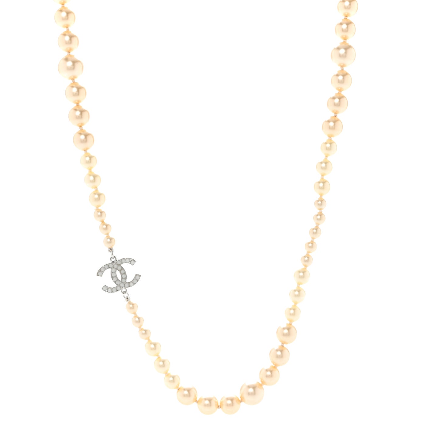 Graduated Pearl CC Long Necklace Silver