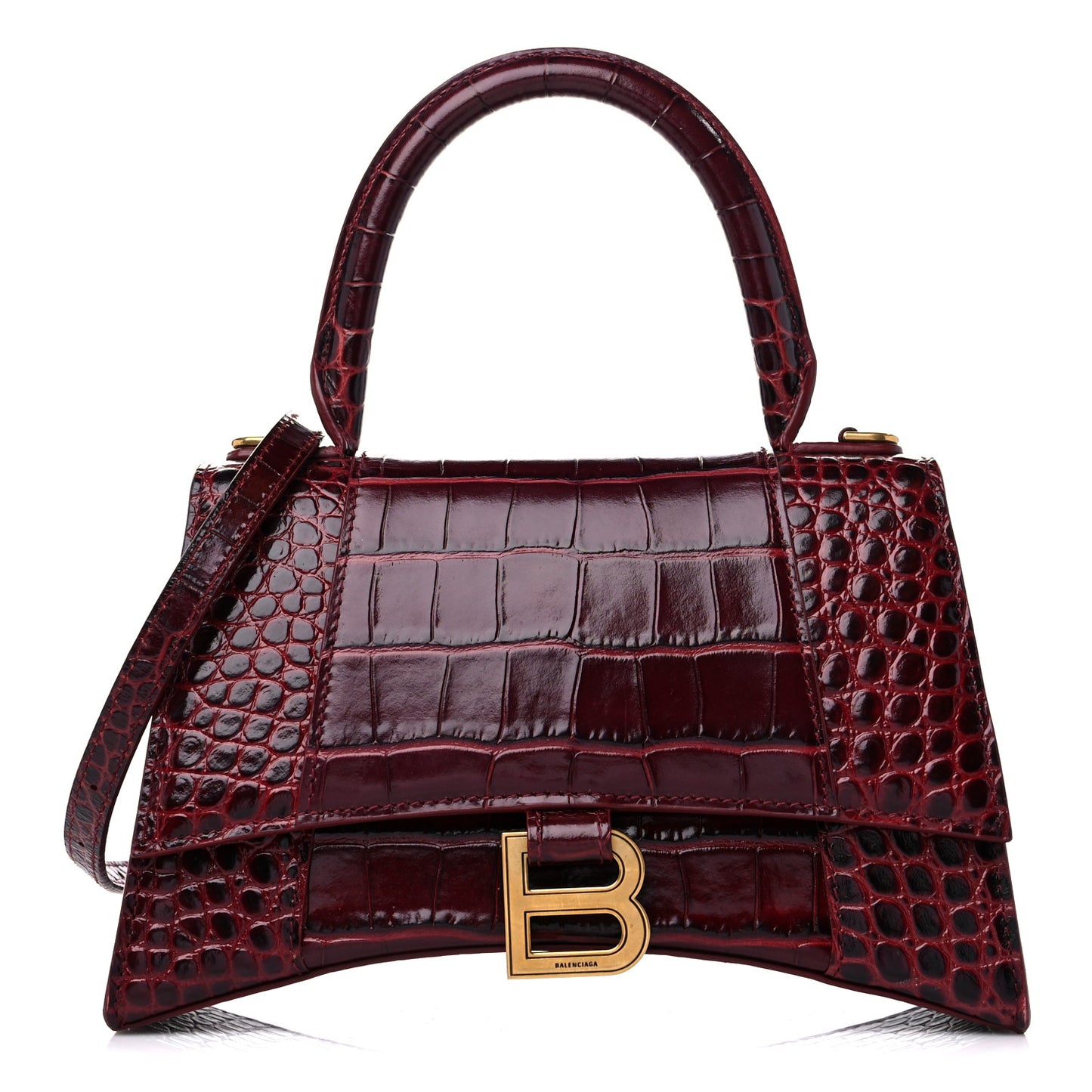 Shiny Calfskin Crocodile Embossed Small Hourglass Top Handle Bag Dark Red