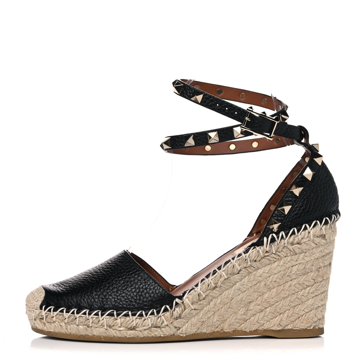 Grained Calfskin Rockstud Ankle Wrap Espadrille 15/85mm Wedges 35 Black Light Cuir