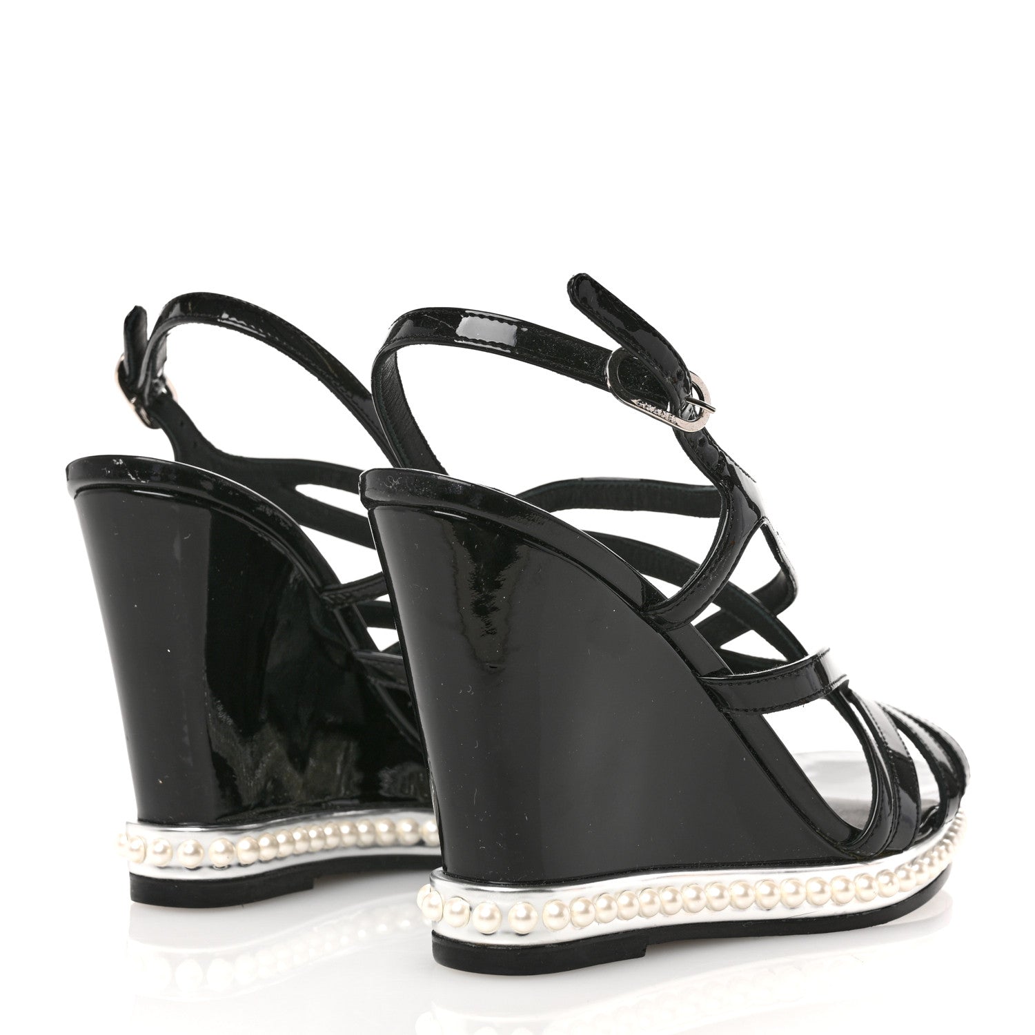 Chanel Patent Pearl CC Wedge Sandals 36.5 Black 5 of 9