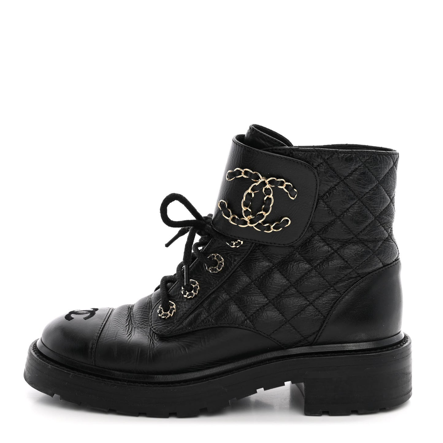 Shiny Calfskin Quilted Lace Up Combat Boots 37 Black