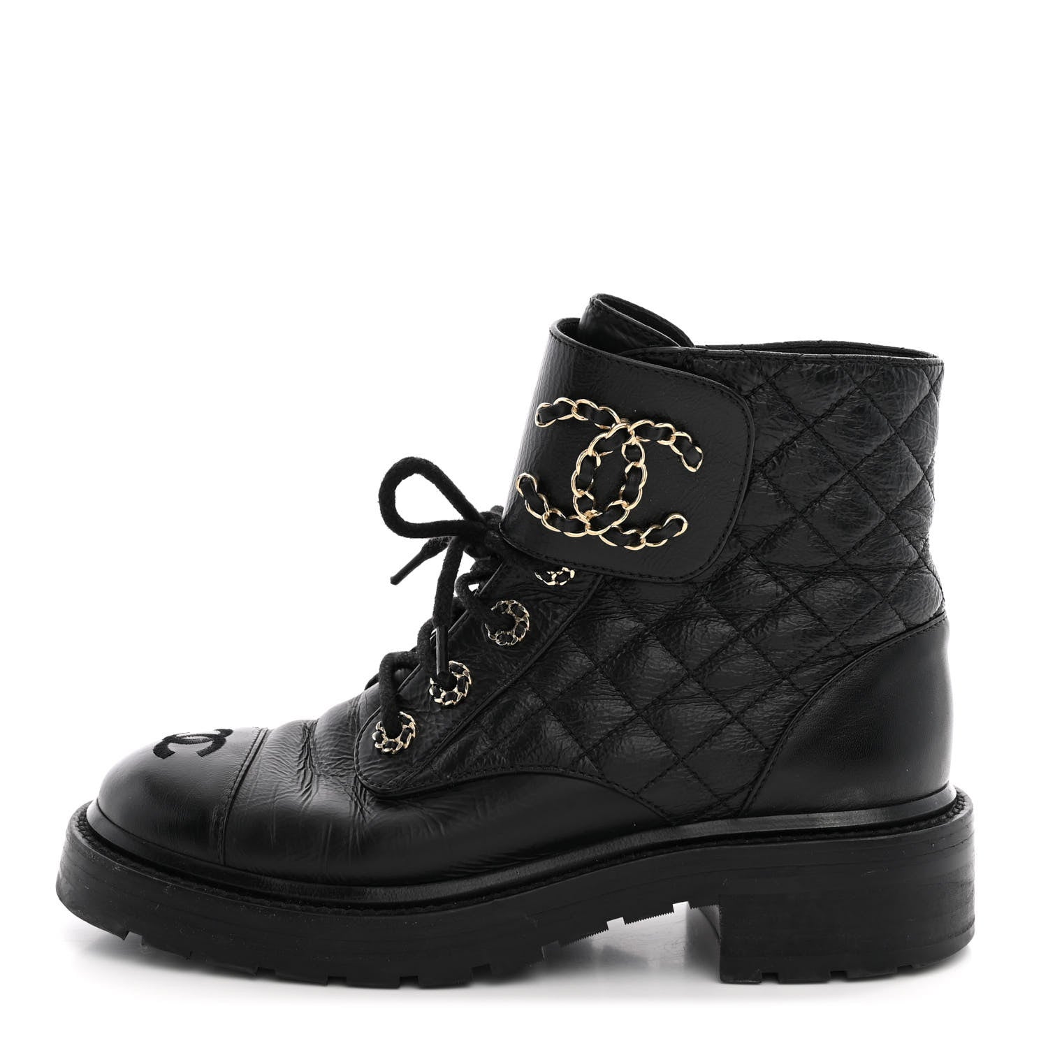 Chanel Shiny Calfskin Quilted Lace Up Combat Boots 37 Black 1 of 12