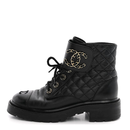Chanel Shiny Calfskin Quilted Lace Up Combat Boots 37 Black 1 of 12
