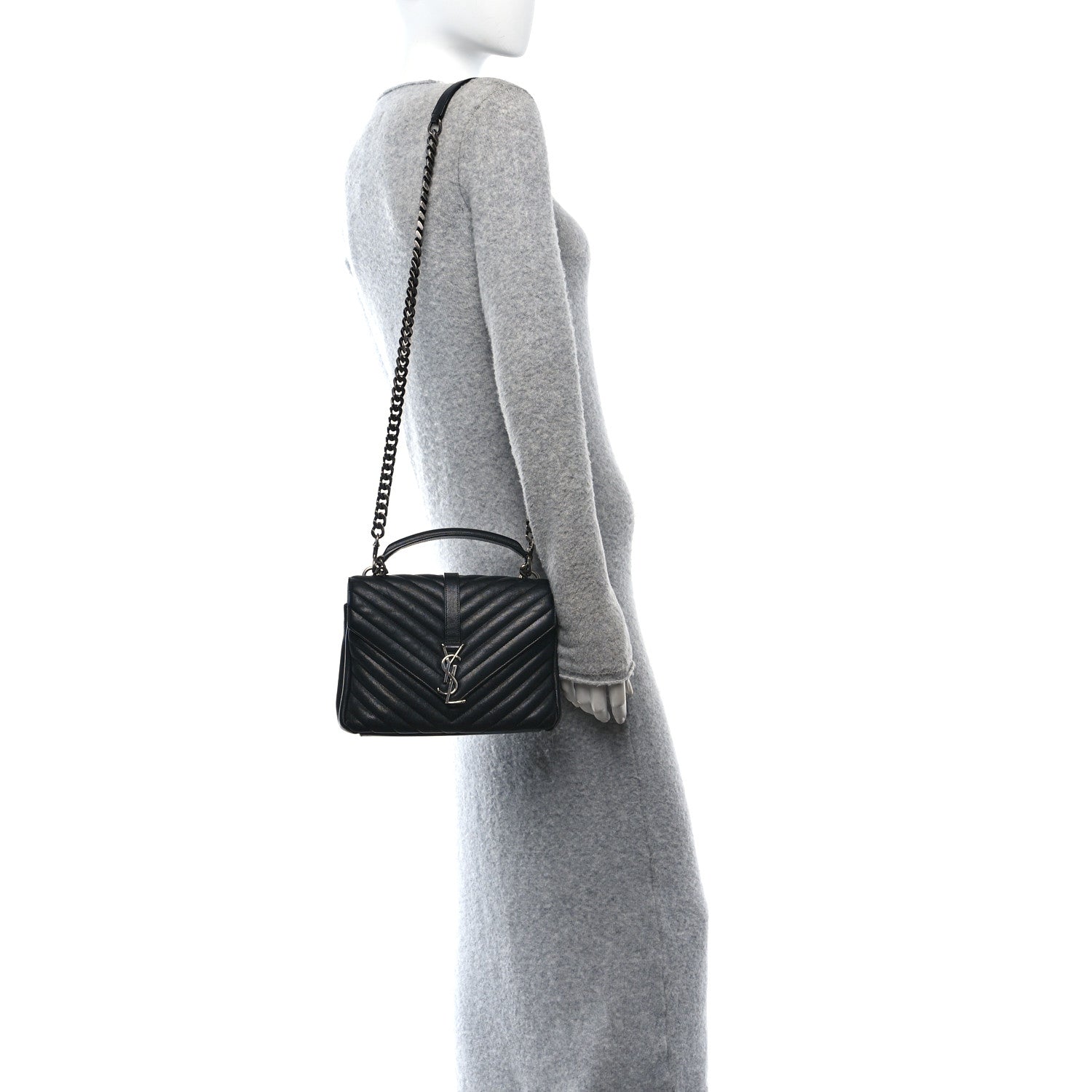 Saint Laurent Sheepskin Matelasse Chevron Monogram Medium College Bag Black 2 of 11