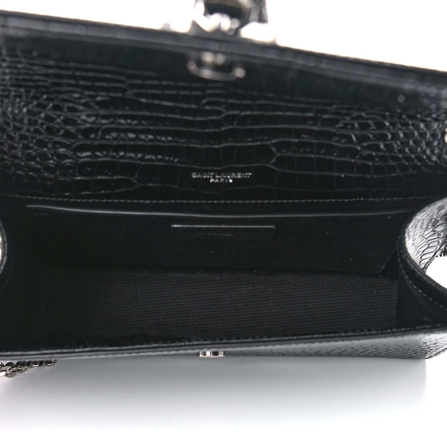 Calfskin Crocodile Embossed Medium Classic Monogram Kate Tassel Satchel Black