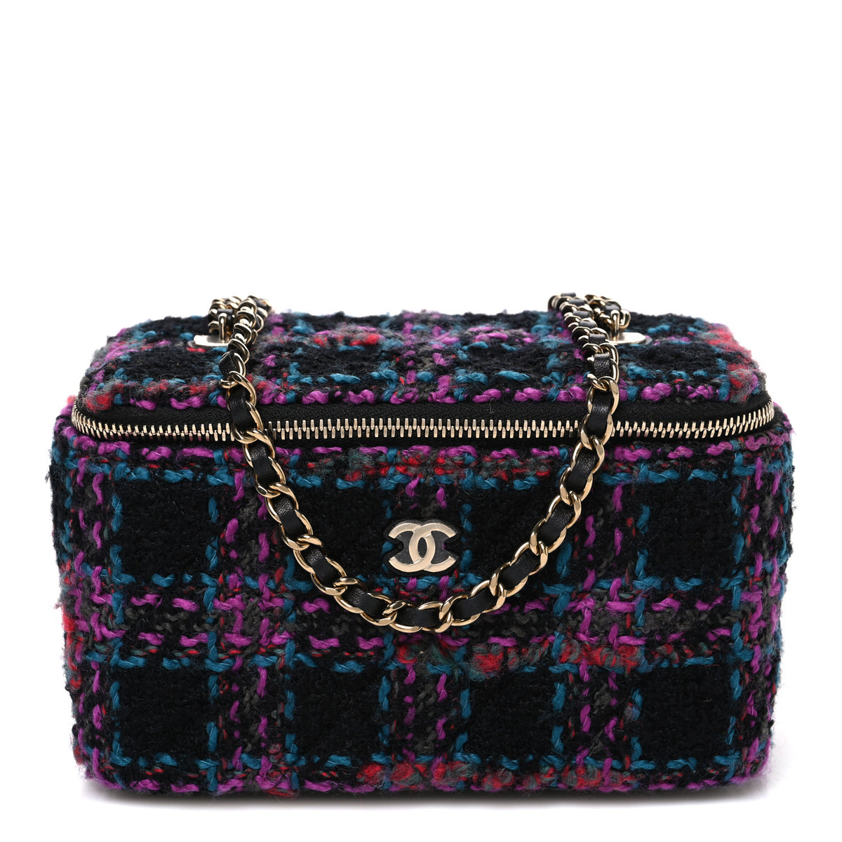 Chanel Tweed Quilted Small Vanity Case With Chain Black Purple Green Red 1 of 10