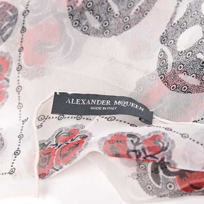 Alexander McQueen Silk Chiffon Skull Poppy Scarf Ivory Red 4 of 6