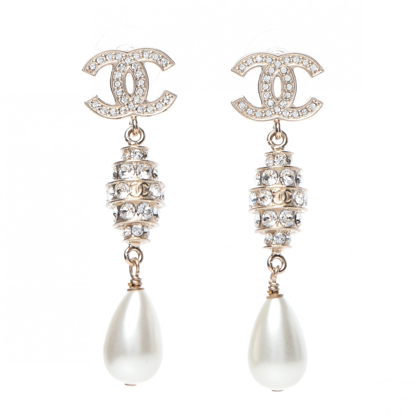Crystal CC Pearl Drop Earrings Gold