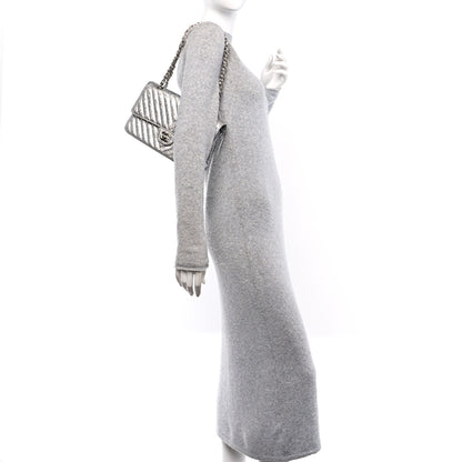 Chanel Metallic Patent Crumpled Calfskin Chevron Quilted Medium Double Flap Silver 2 of 10