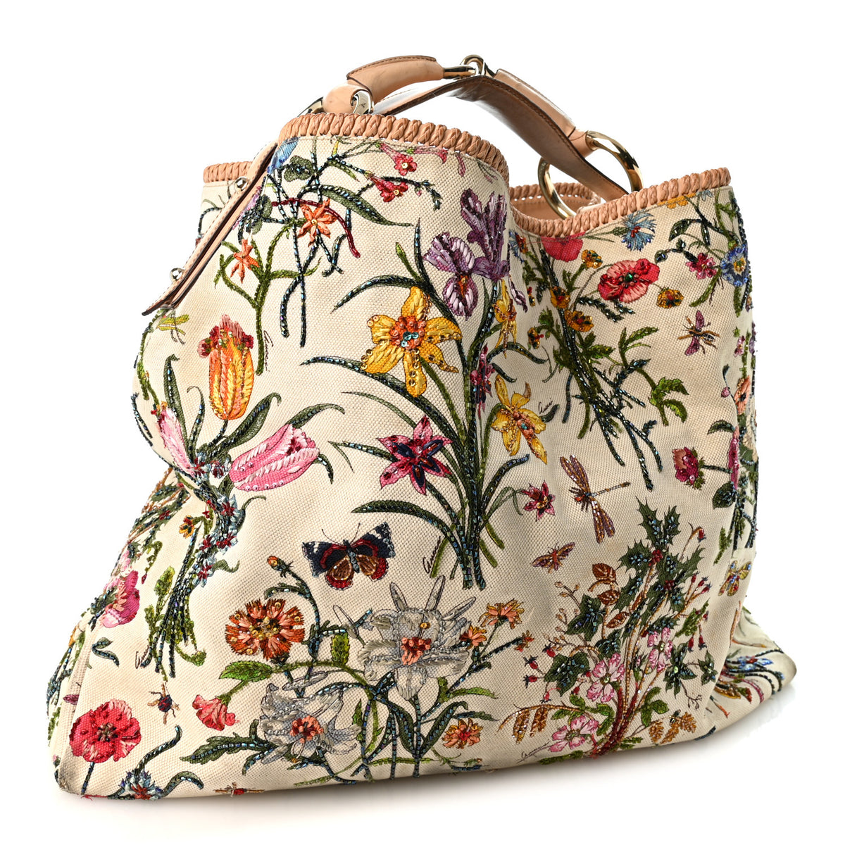 Canvas Flora Beaded Large Horsebit Chain Hobo White