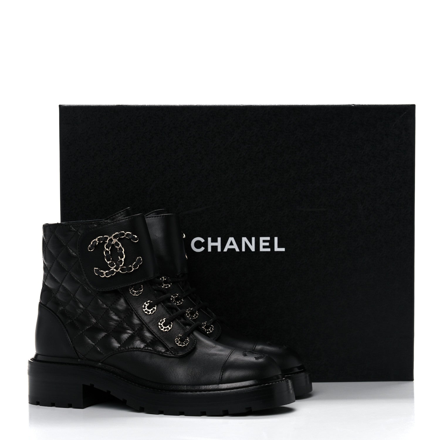 Chanel Shiny Lambskin Quilted Lace Up Combat Boots 36.5 Black 9 of 9