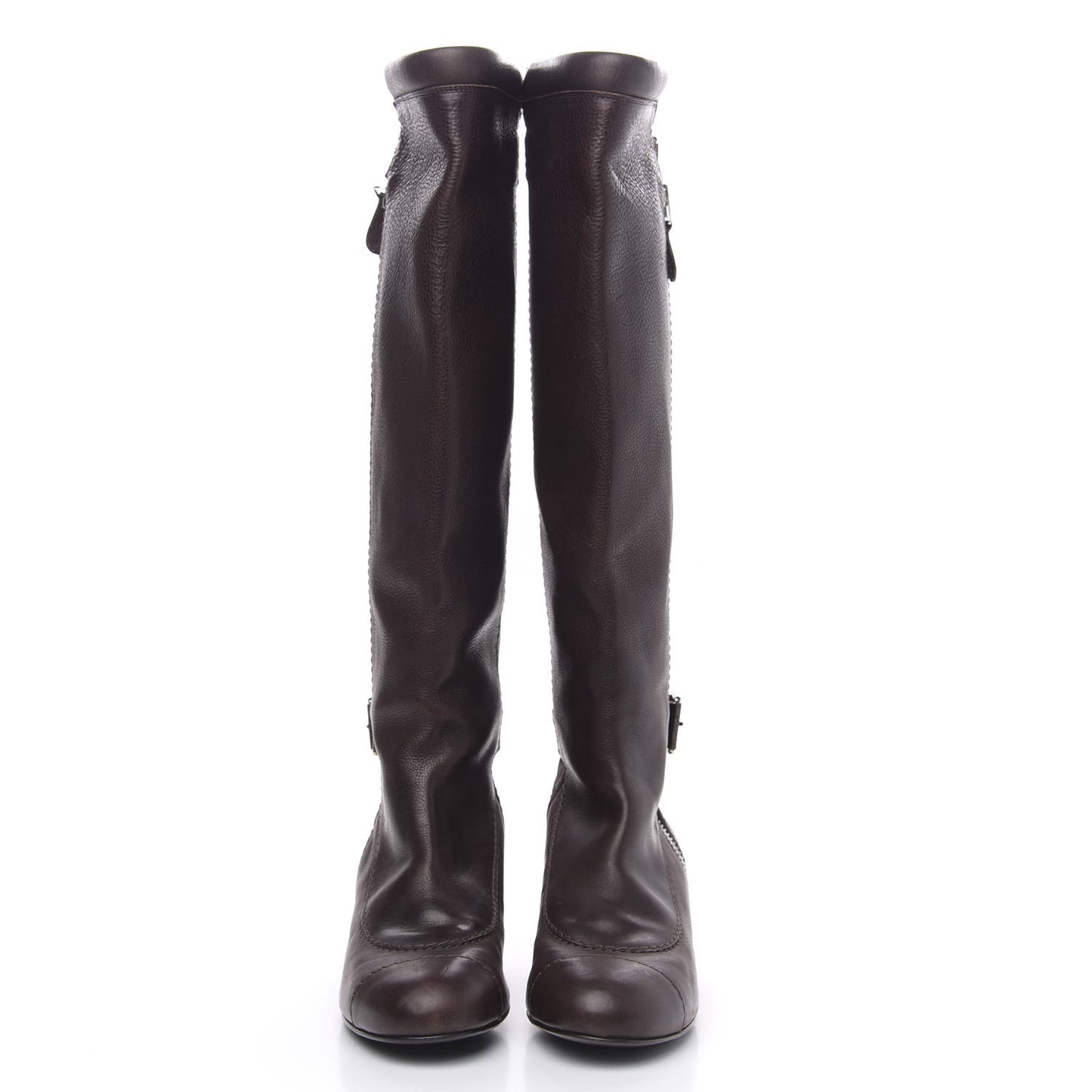 Calfskin Zipper Buckle Knee High Tall Boots 40 Brown