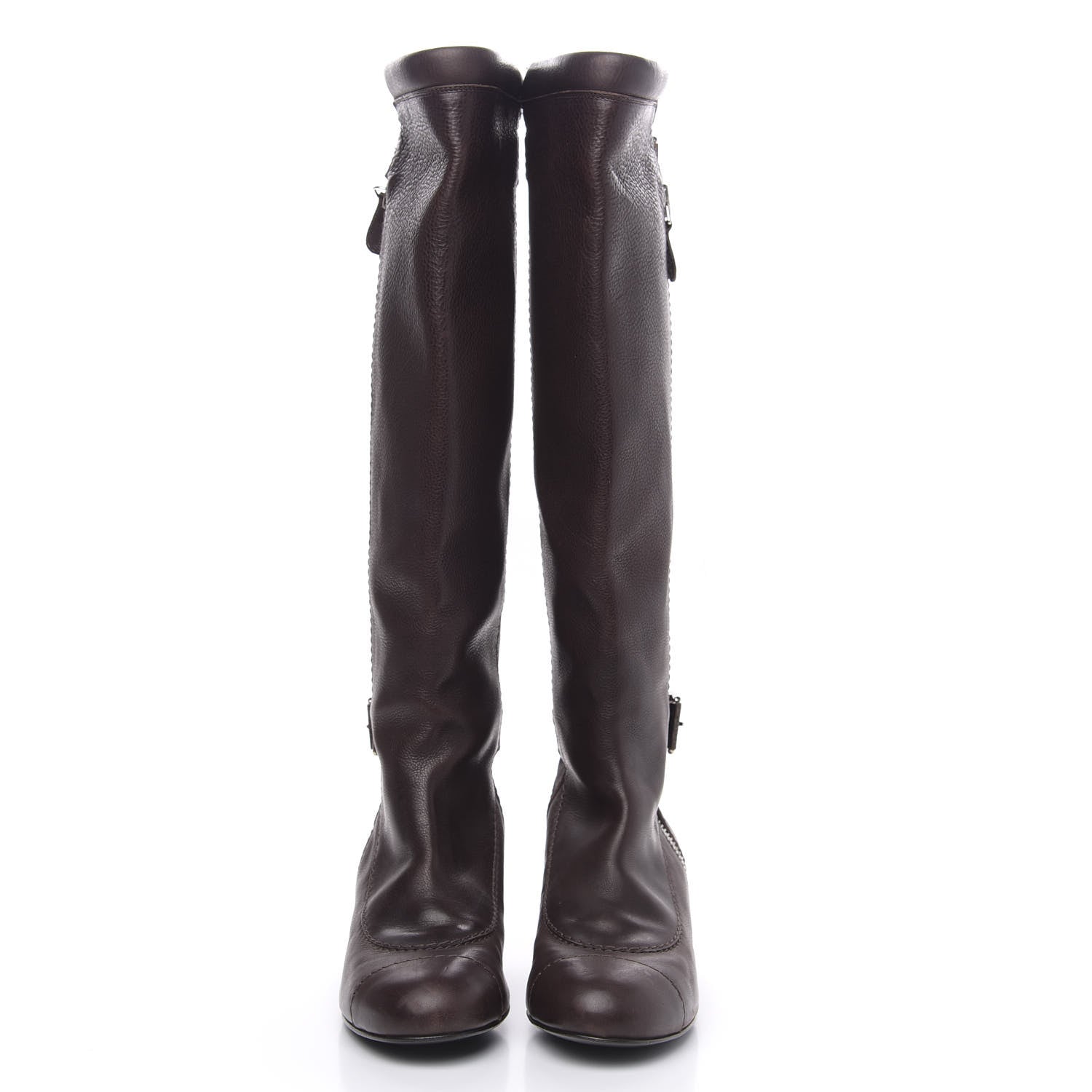 Chanel Calfskin Zipper Buckle Knee High Tall Boots 40 Brown 2 of 9