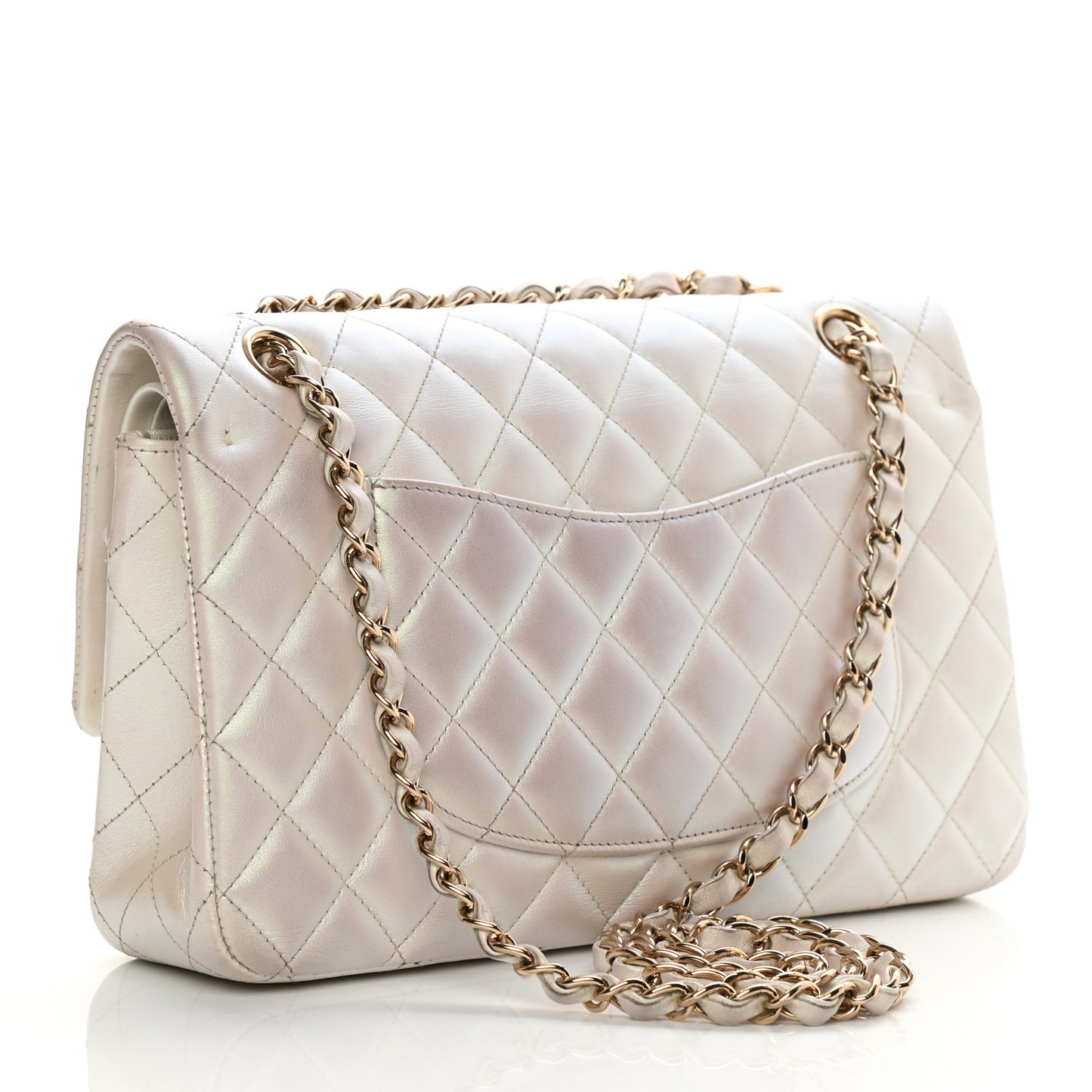 Iridescent Calfskin Quilted Medium Double Flap White