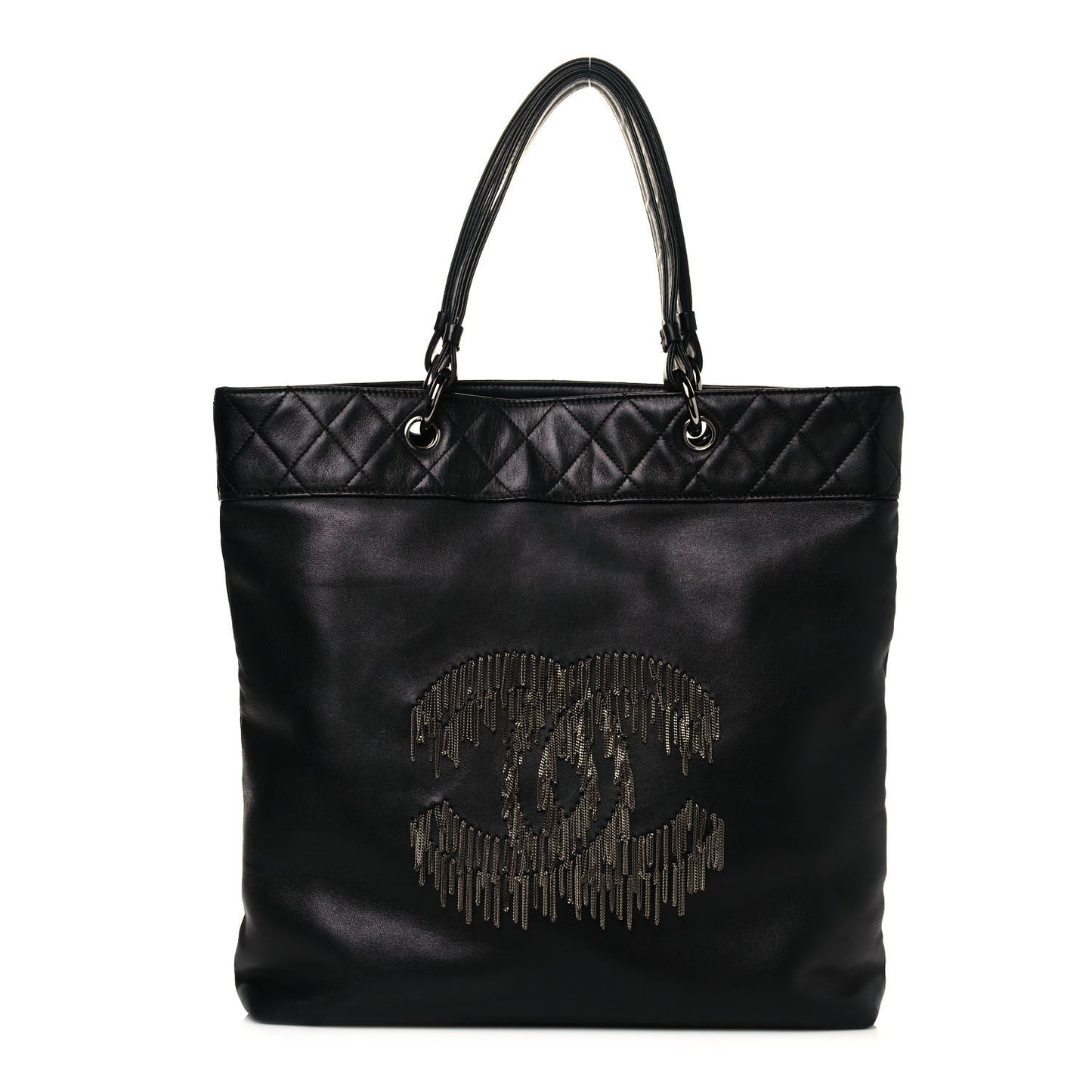 Lambskin Rock And Cabaret Chain Fringe Tote Black