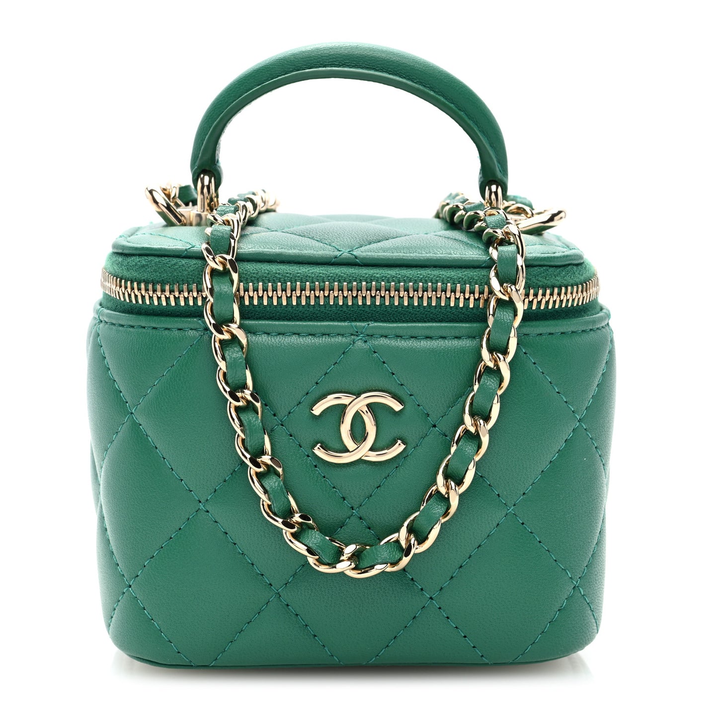 Lambskin Quilted Top Handle Mini Vanity Case With Chain Green