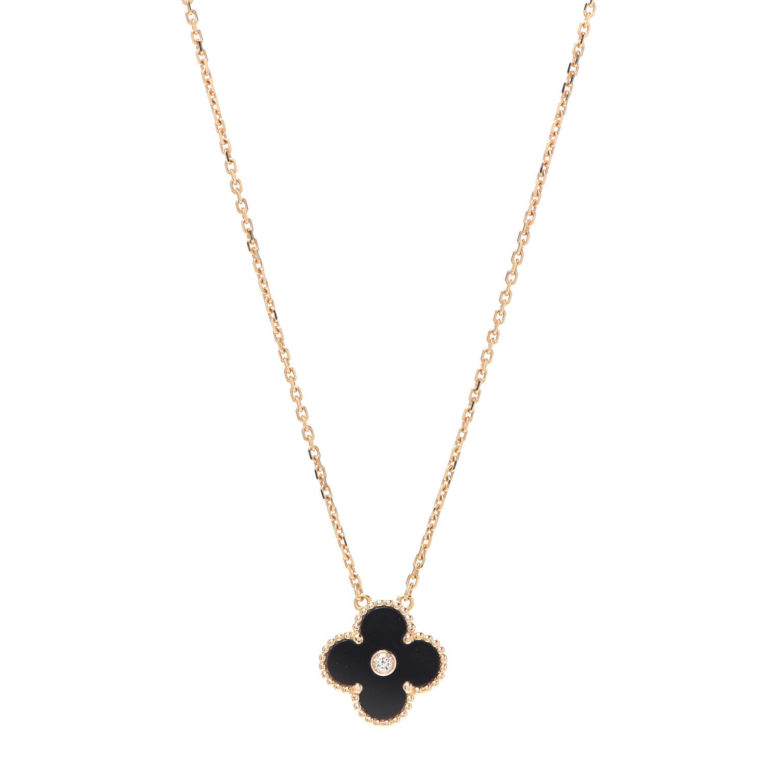 Van Cleef & Arpels 18K Rose Gold Diamond Black Onyx Vintage Alhambra Pendant Necklace 1 of 7