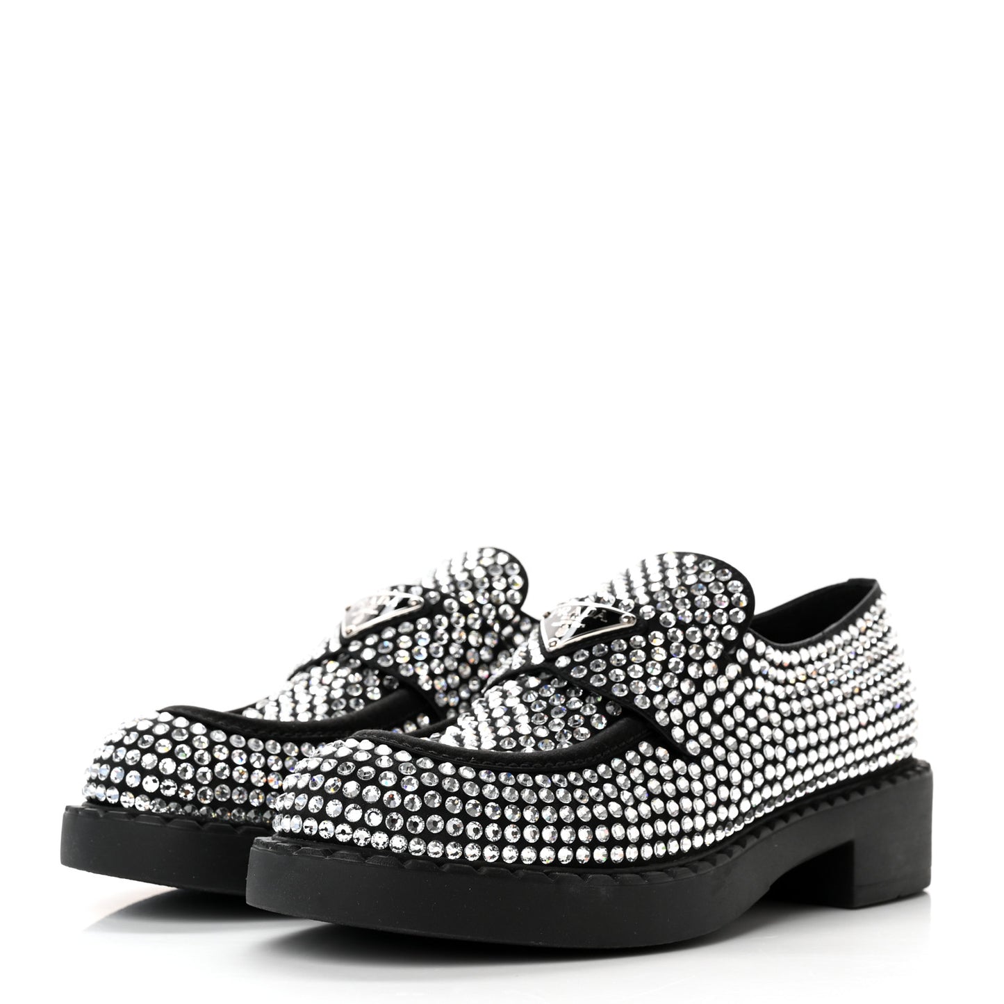 Satin Crystal Metal Triangle Logo 50mm Loafers 38 Cristal