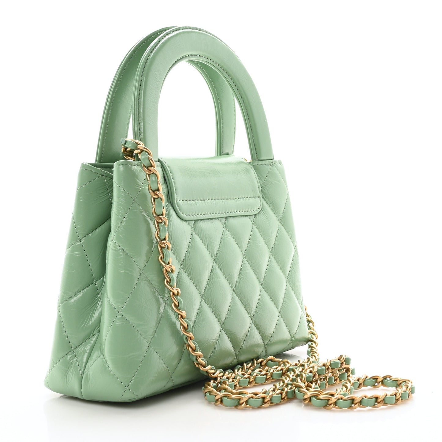 Shiny Aged Calfskin Quilted Nano Kelly Shopper Light Green