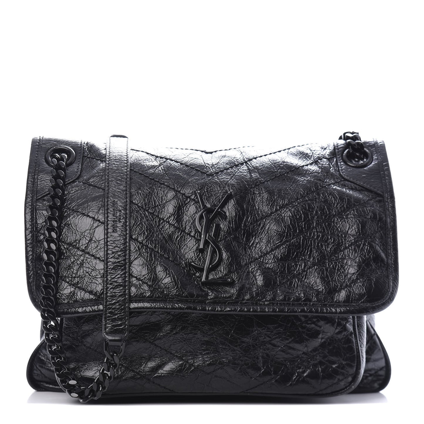 Crinkled Calfskin Matelasse Monogram Medium Niki Chain Satchel Black