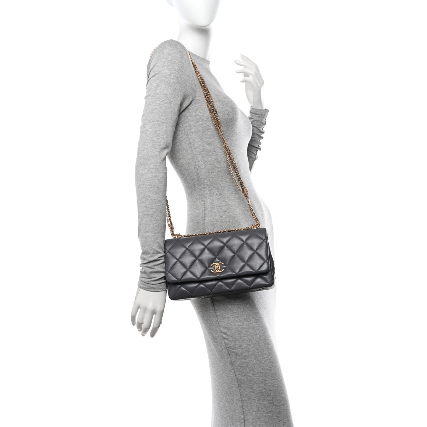 Shiny Lambskin Quilted Multi Stand Flap Grey