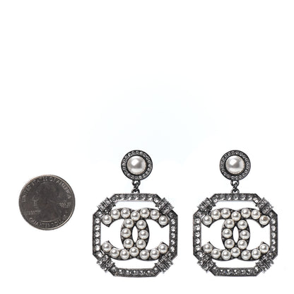 Chanel Pearl Crystal CC Drop Earrings Silver 2 of 4
