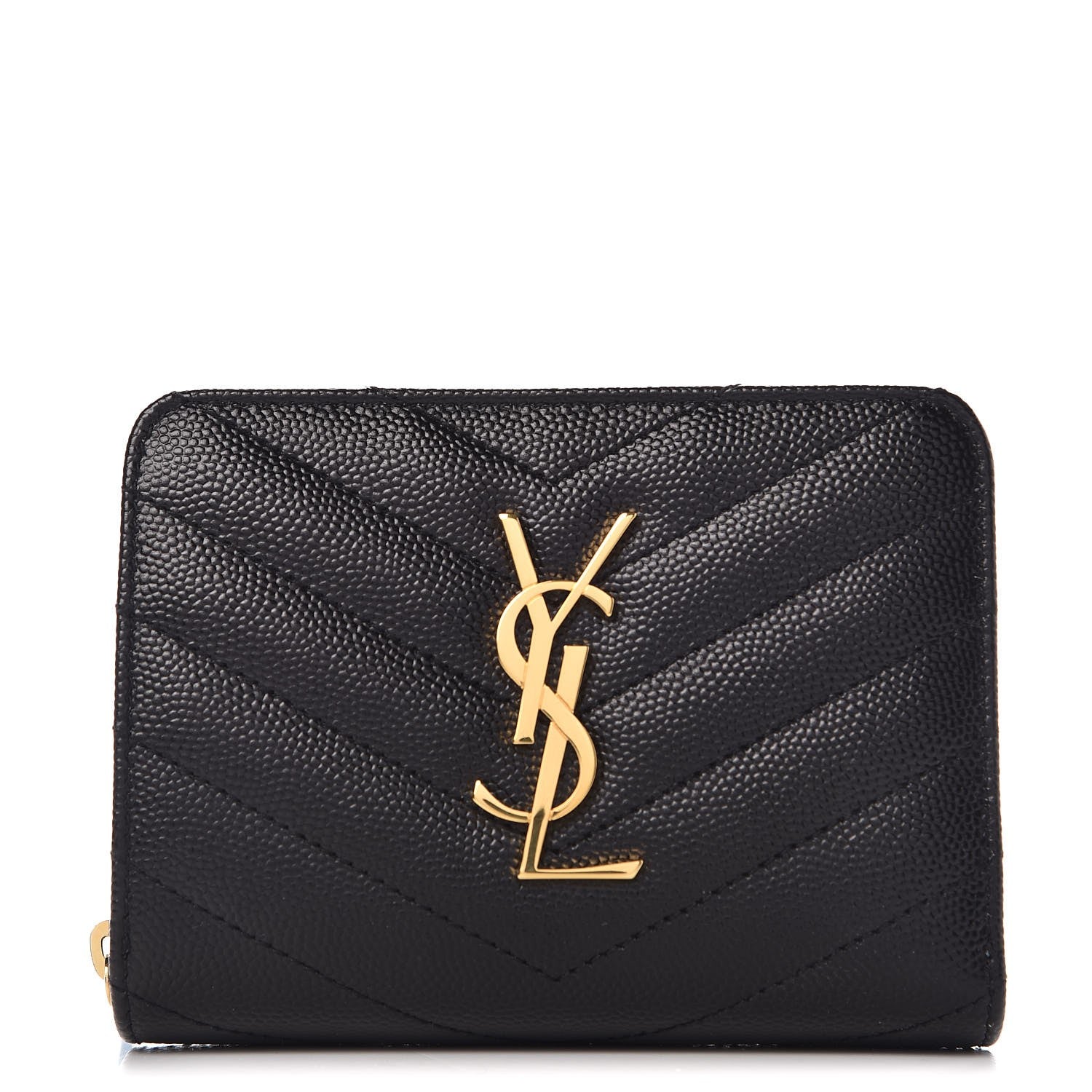 Saint Laurent Grain De Poudre Matelasse Chevron Monogram Compact Zip Around Wallet Black 1 of 7