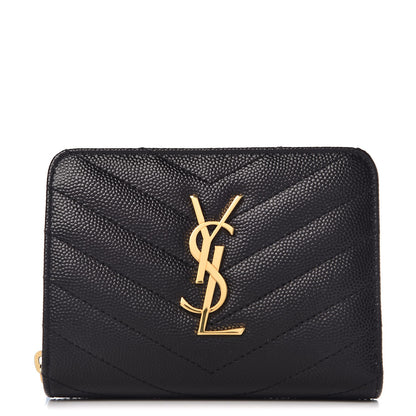 Saint Laurent Grain De Poudre Matelasse Chevron Monogram Compact Zip Around Wallet Black 1 of 7