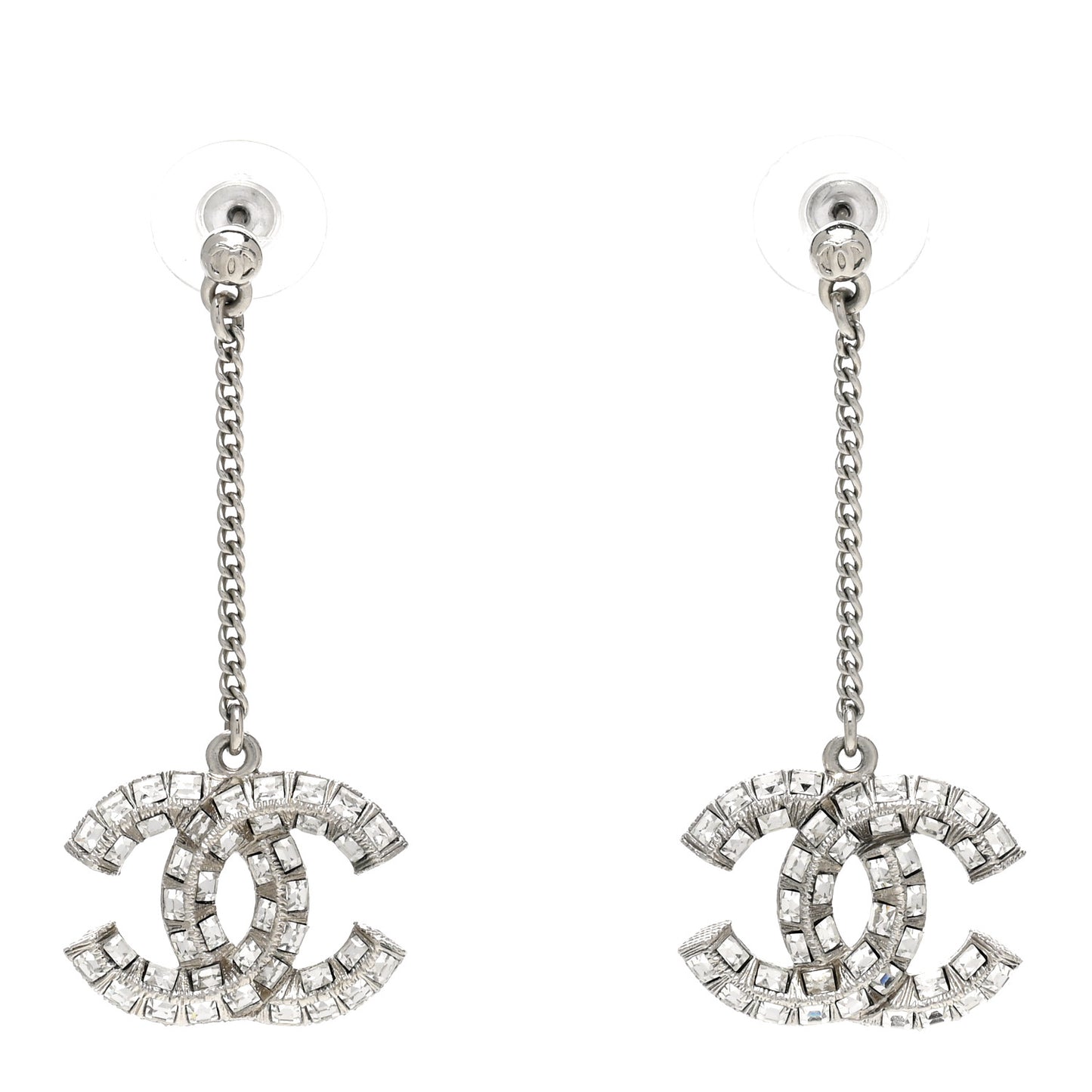 Baguette Crystal CC Drop Earrings Silver