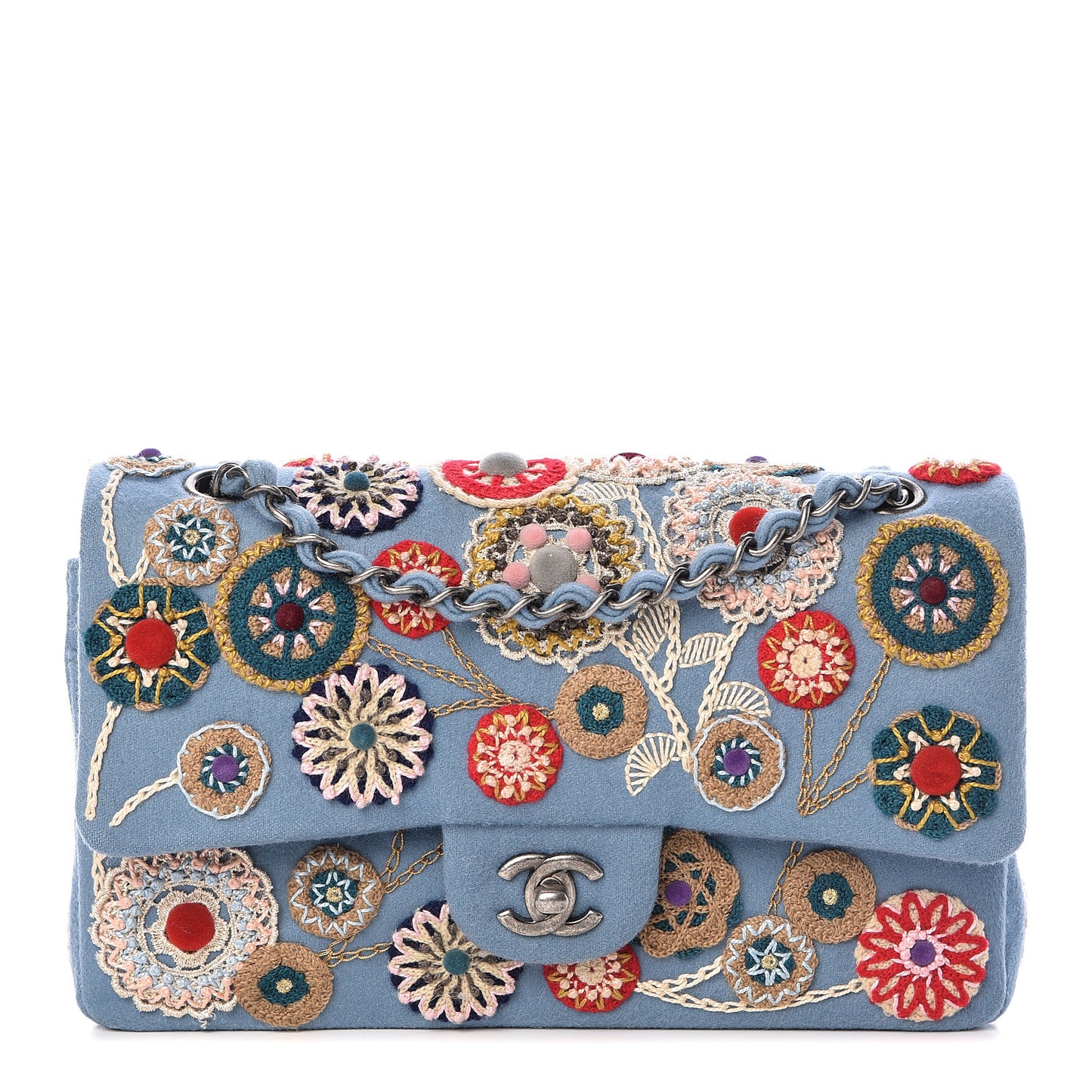 Felt Flower Embroidered Medium Double Flap Blue Multicolor