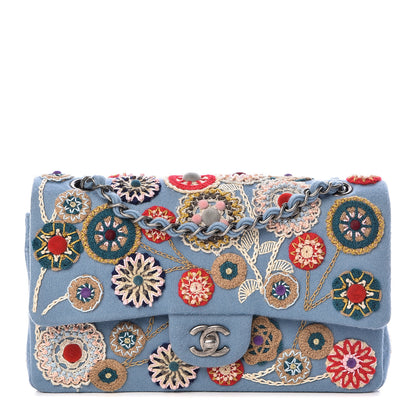 Chanel Felt Flower Embroidered Medium Double Flap Blue Multicolor 1 of 12