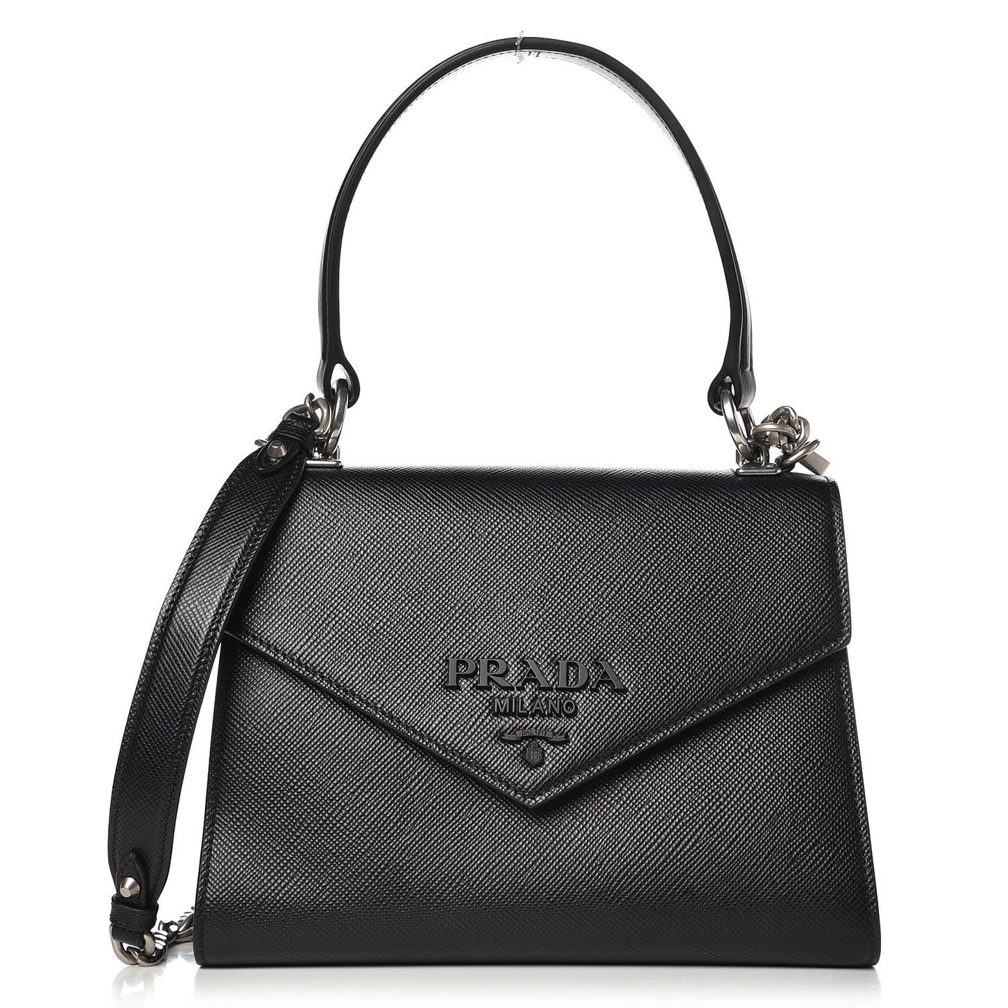Saffiano Cuir Calfskin Monochrome Envelope Flap Top Handle Chain Shoulder Bag Black