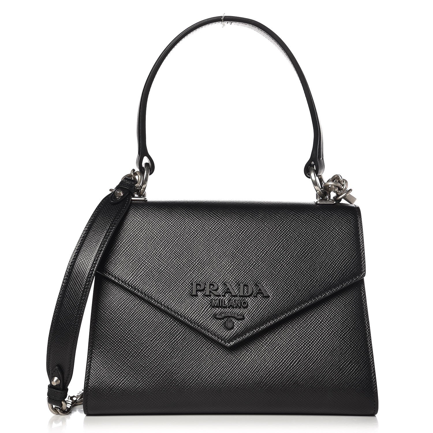 Prada Saffiano Cuir Calfskin Monochrome Envelope Flap Top Handle Chain Shoulder Bag Black 1 of 6